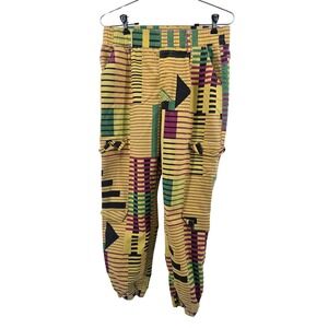 V.I.P. Cargo Pants Womens 11/30 Yellow Multi Geometric Jogger High Rise Cotton
